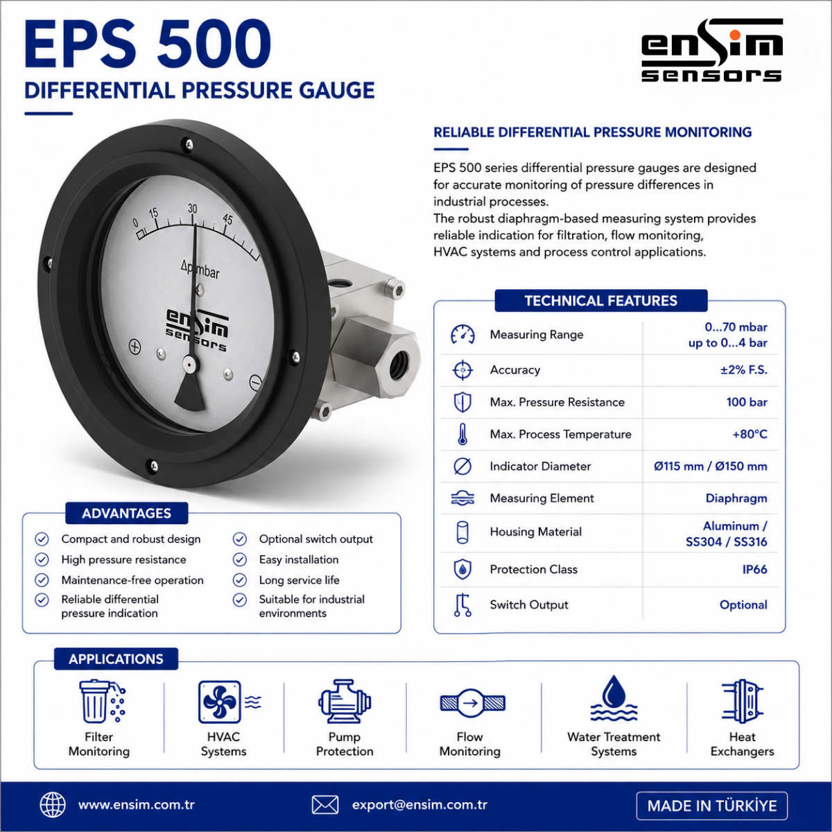 EPS 500 Differential Pressure Gauge: Reliable Monitoring for Filters, Flow, Level and Industrial Equipment