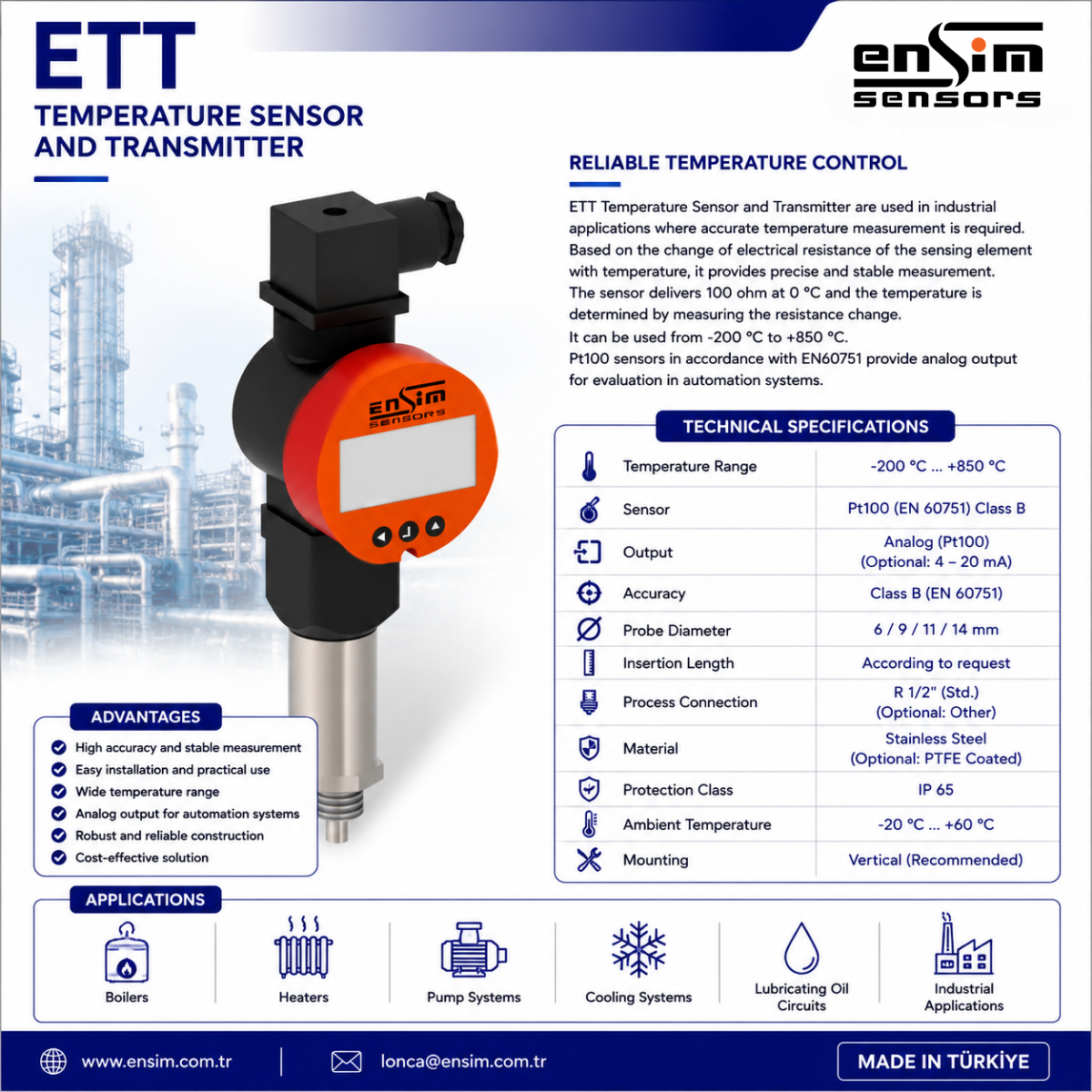 ETT Temperature Sensor and Transmitter Series: Reliable Pt100 Temperature Measurement for Industrial Processes