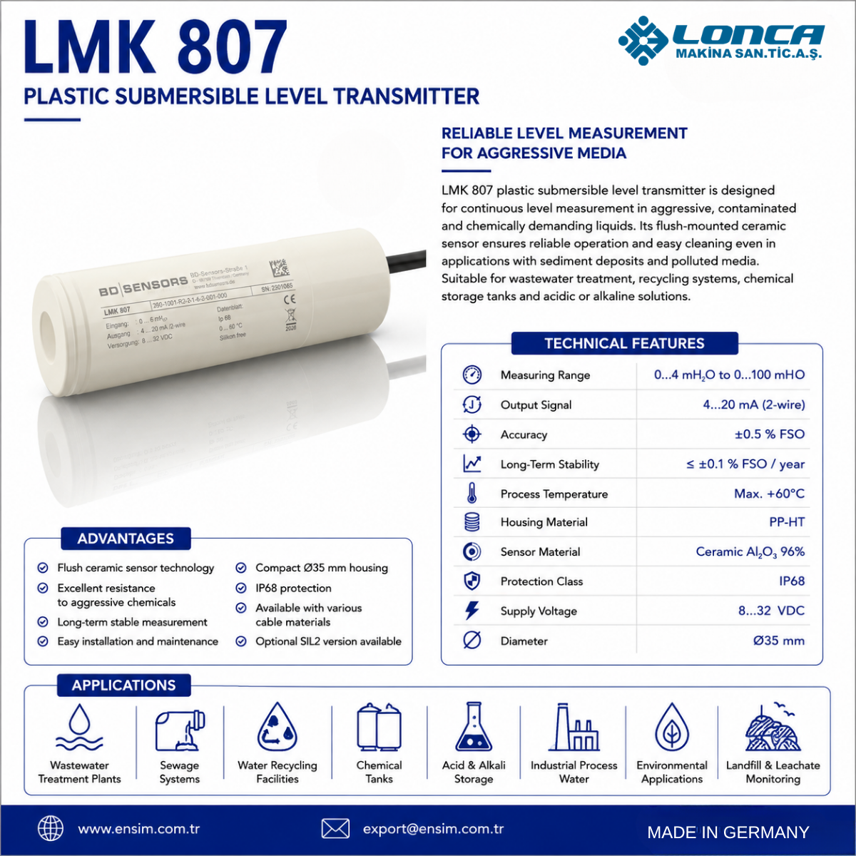LMK 807 Plastic Submersible Probe: Reliable Level Measurement for Aggressive and Polluted Media