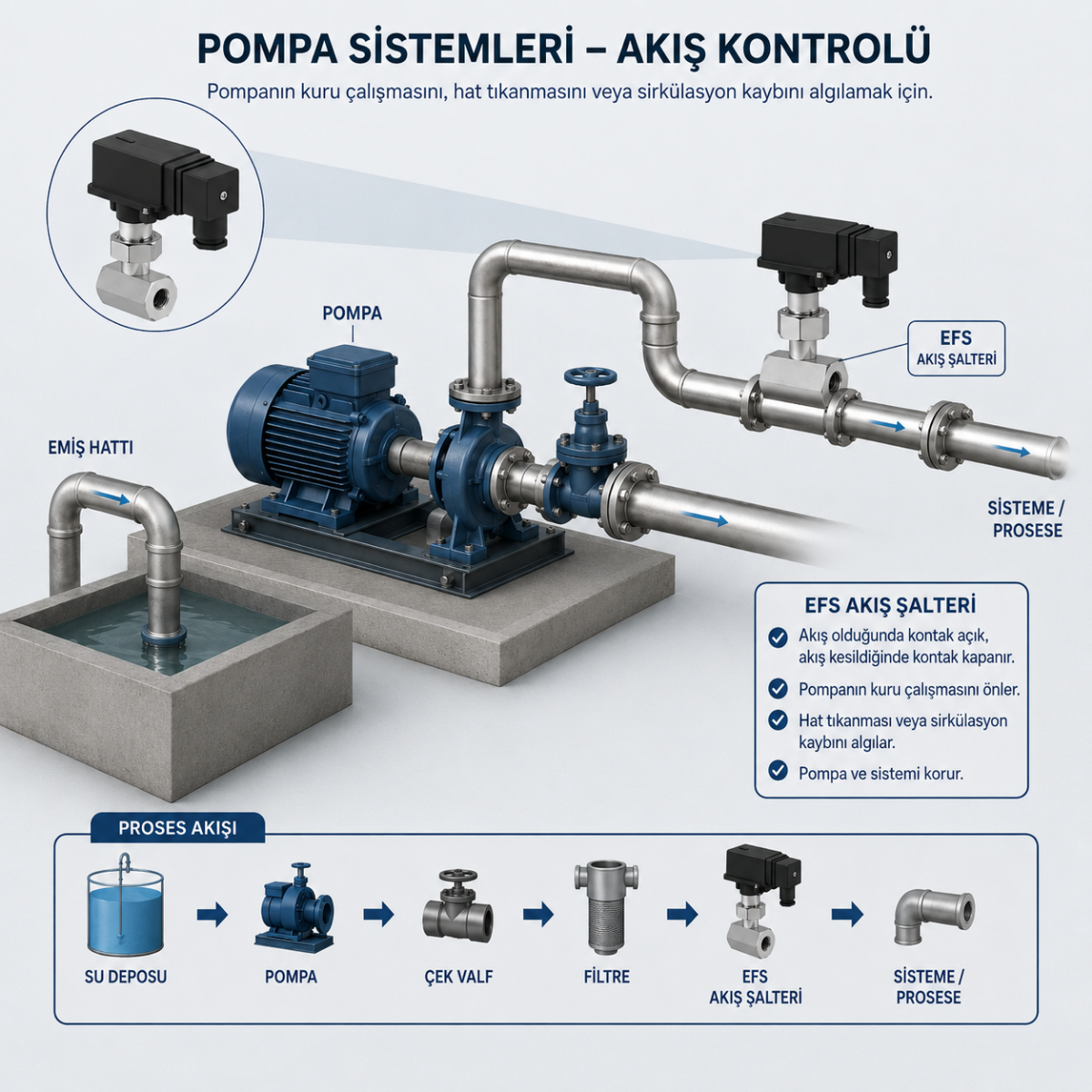 Pompa Çalışıyor Ama Akış Var mı? Sistemi Koruyan Kritik Kontrol Noktası