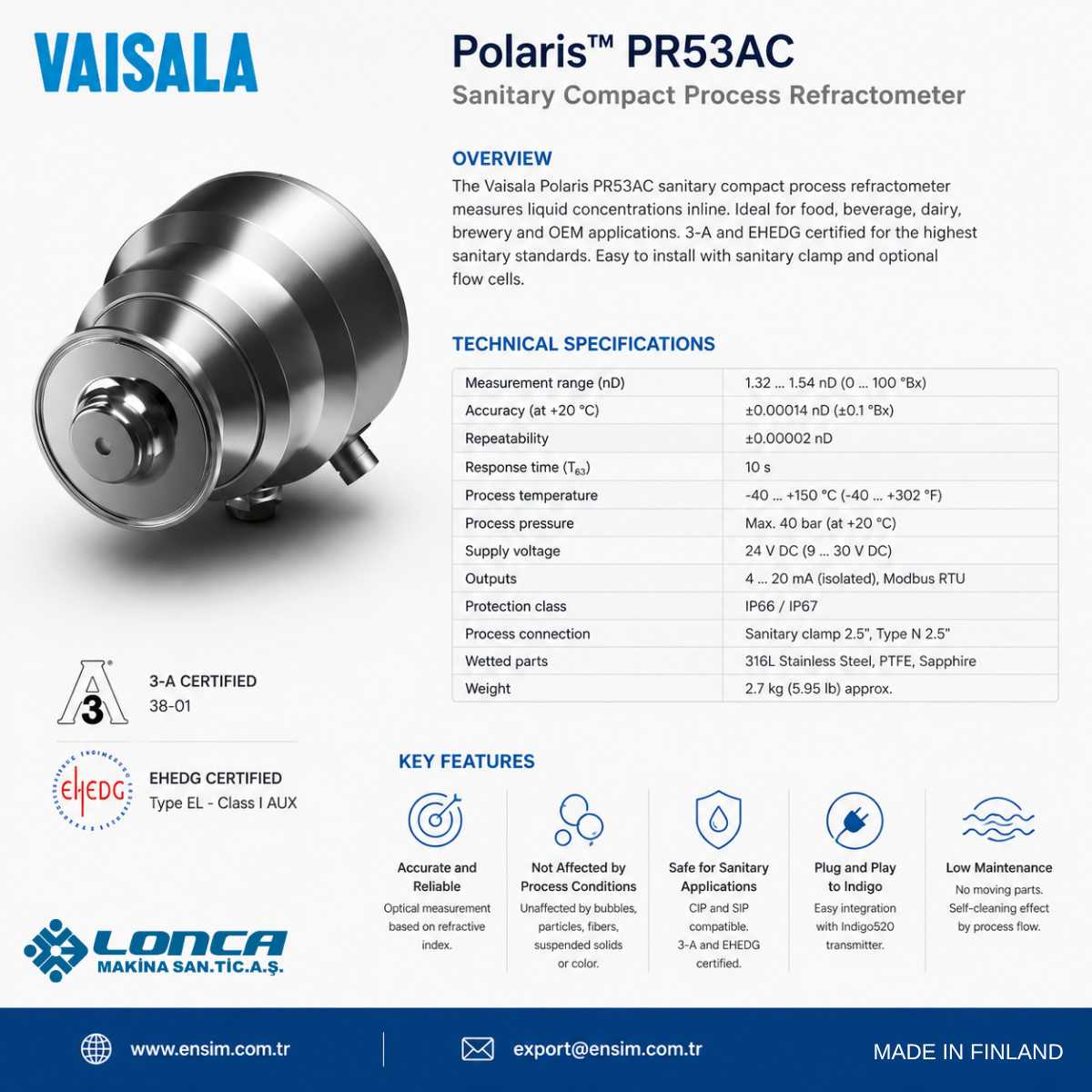 Vaisala Polaris PR53AC Sanitary Compact Process Refractometer: Inline Brix and Concentration Measurement for Hygienic Processes