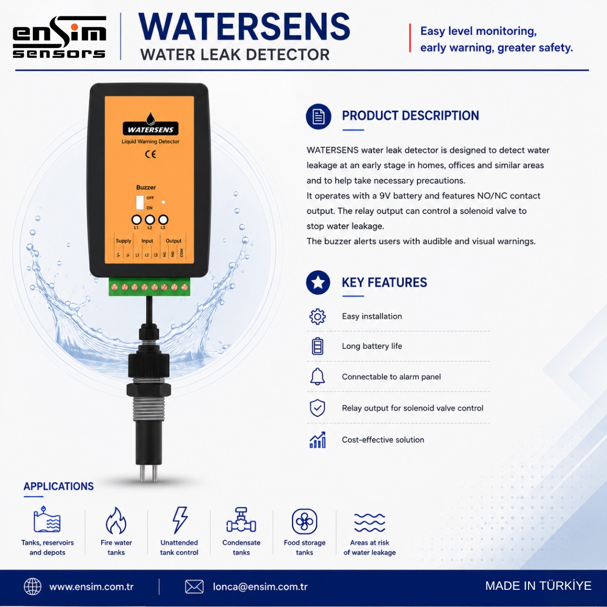 WATERSENS Water Flood Detector: Early Leak Detection and Level Warning for Homes, Offices and Industrial Areas